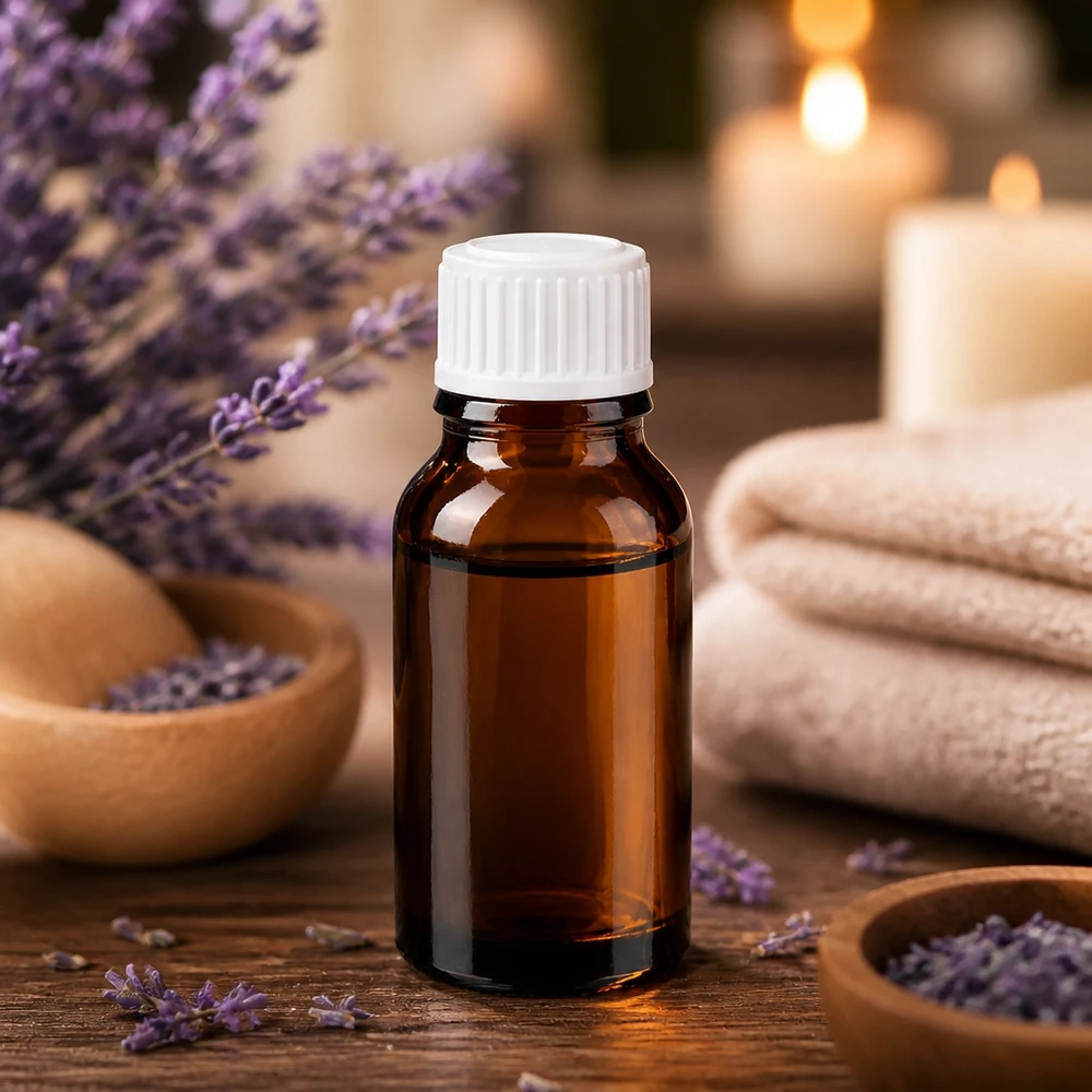 Flacon en verre brun 15ml avec bouchon à vis blanc St Flacon en verre brun pour huiles essentielles, 15 ml, bouchon à vis blanc, ambiance spa et bien-être
