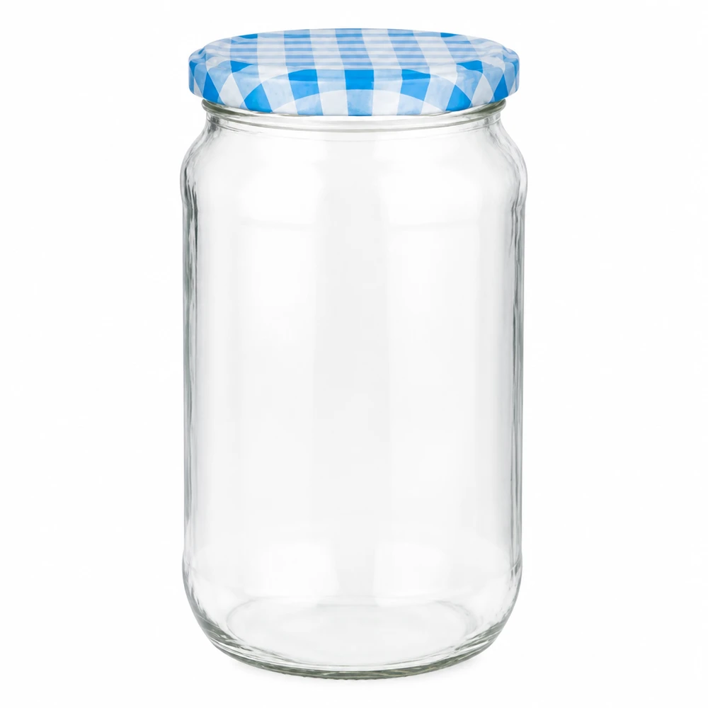 Pot rond de 1062ml avec couvercle BasicSeal à carreaux bleus et blancs, pot vide pour conserves et stockage
