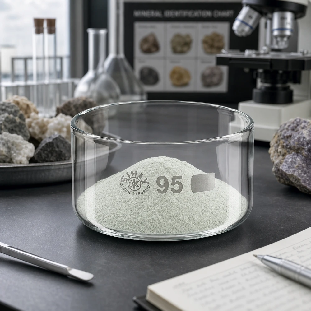 Coupelle de cristallisation de 300 ml contenant une poudre fine, entourée d'échantillons de roches et d'un microscope