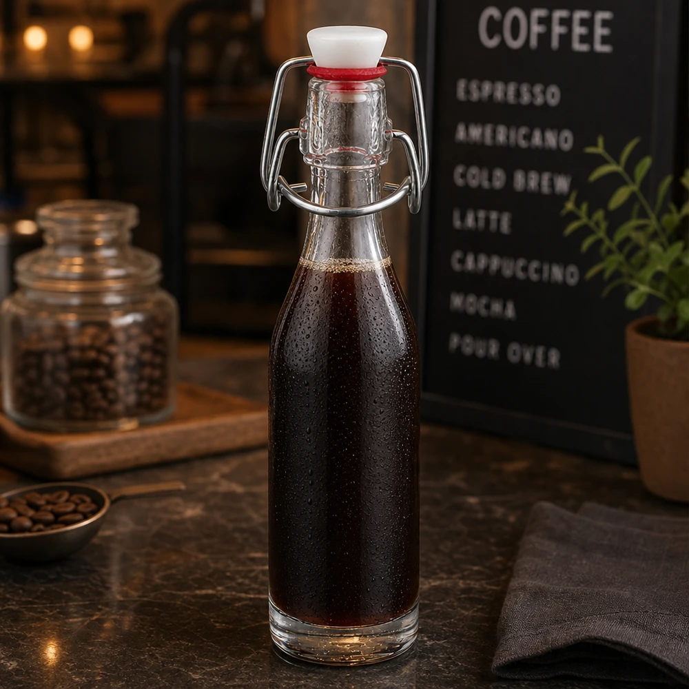 Bouteille en verre de 50 ml + bouchon mécanique PVC UNiTWIST 50ml Glasflasche mit Bügelverschluss gefüllt mit Cold Brew Kaffee in stilvoller Café-Atmosphäre mit Kaffeebohnen