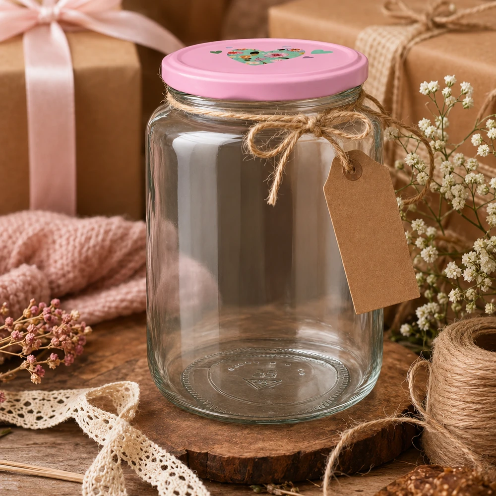 Pot rond 795 ml + couvercle BasicSeal rose cur UNiTWIST Dekoratives Rundglas 795ml mit rosa Herzdeckel als Geschenkidee rustikale Präsentation mit Anhänger und Juteschnur