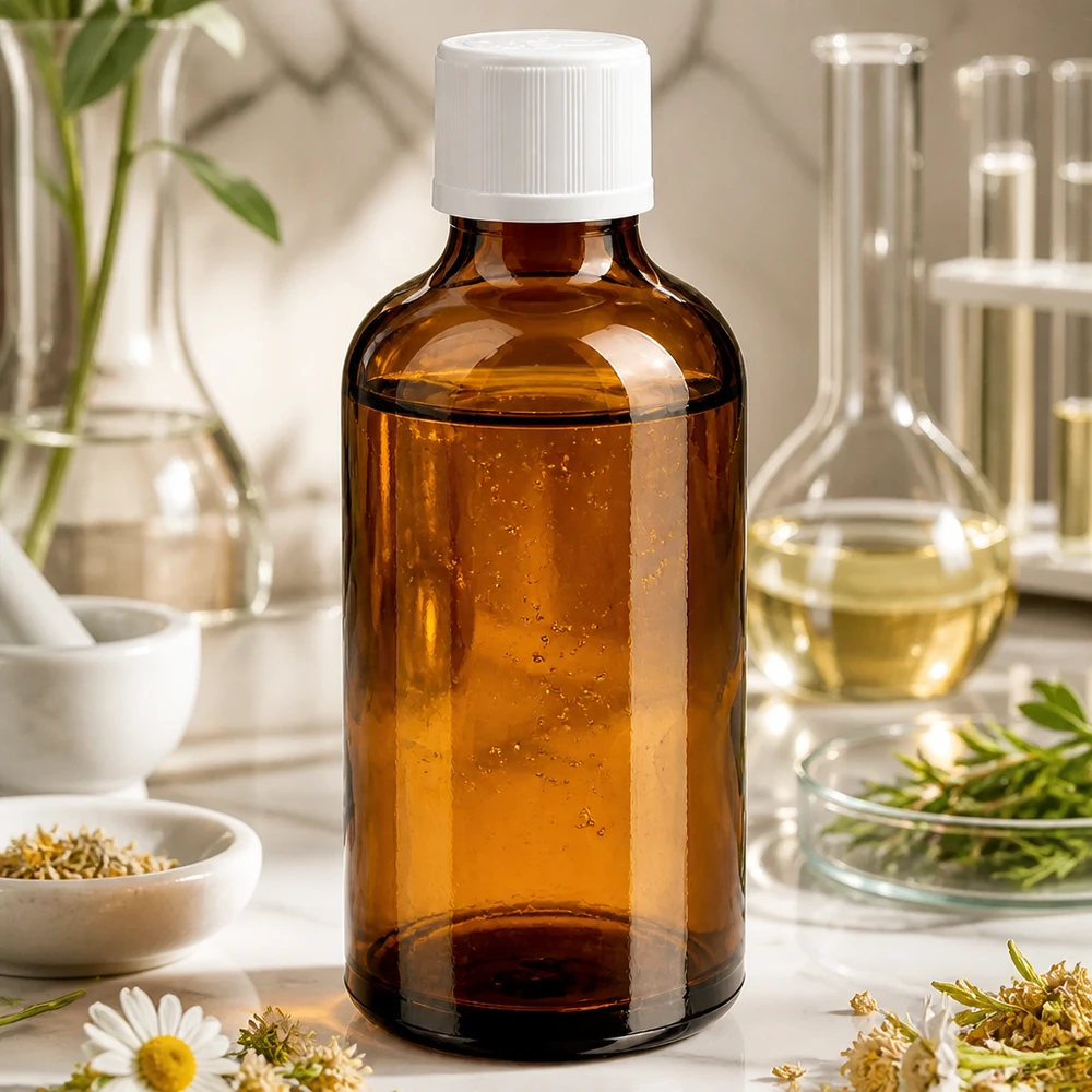 Flacon de pharmacie en verre brun de 50 ml avec bouchon KiSi blanc, entre des fleurs de camomille et des verres doseurs