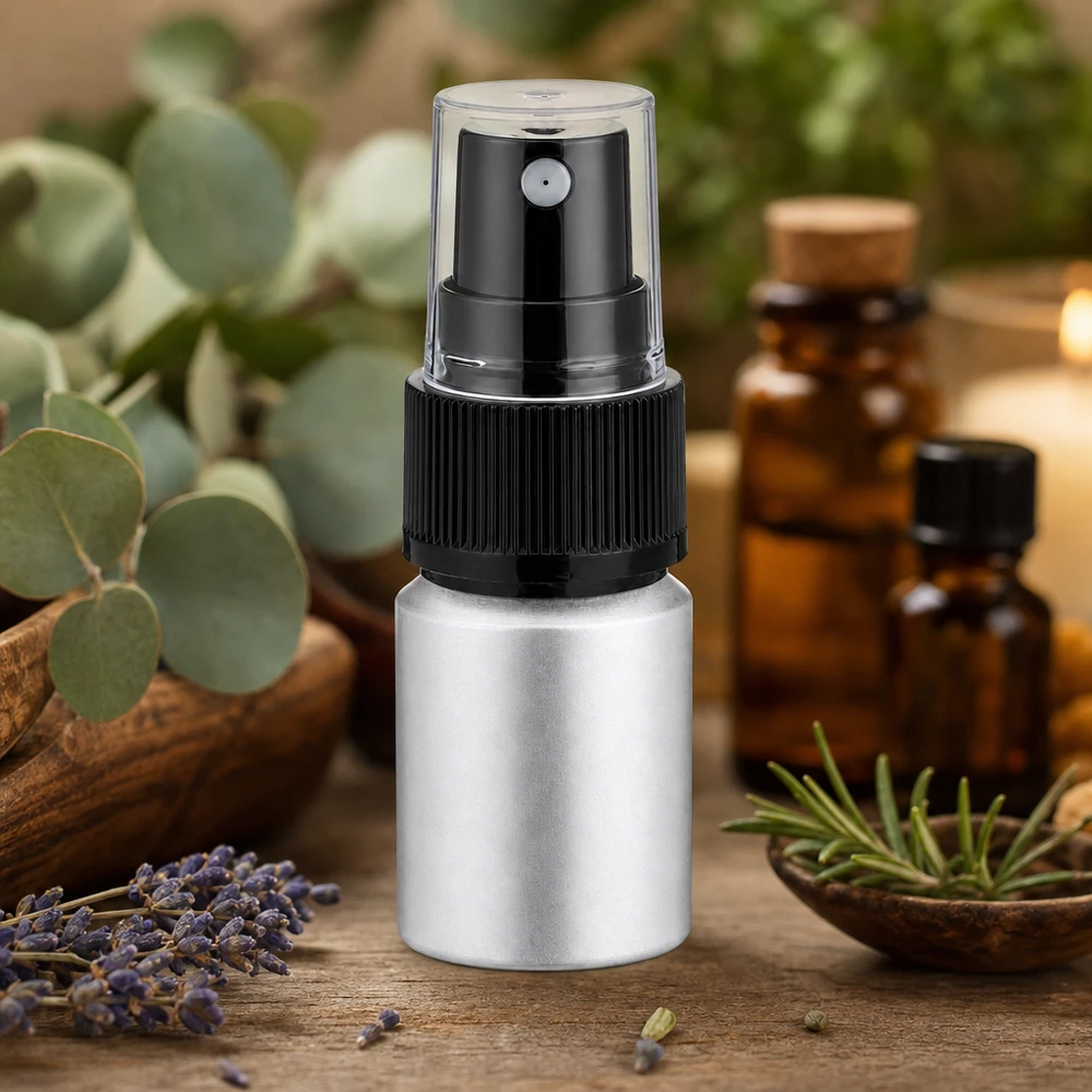 Bouteille en aluminium teinté 10 ml, avec vaporisateur à pompe noir Vaporisateur robuste de 10 ml en aluminium décapé pour les cosmétiques naturels et les huiles