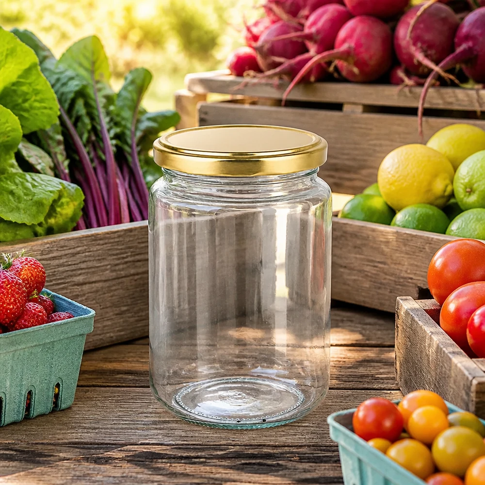 382ml Verre rond avec couvercle BasicSeal or UNiTWIST Verre rond de 382 ml avec couvercle doré BasicSeal UNiTWIST sur table en bois entouré de fruits et légumes frais