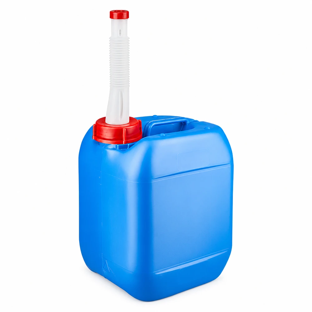 Bidon 5 litres bleu avec tube de vidange Flex Bidon rectangulaire en PEHD de 5 L, de couleur bleue, avec un tube de remplissage flexible et un bouchon de sécurité