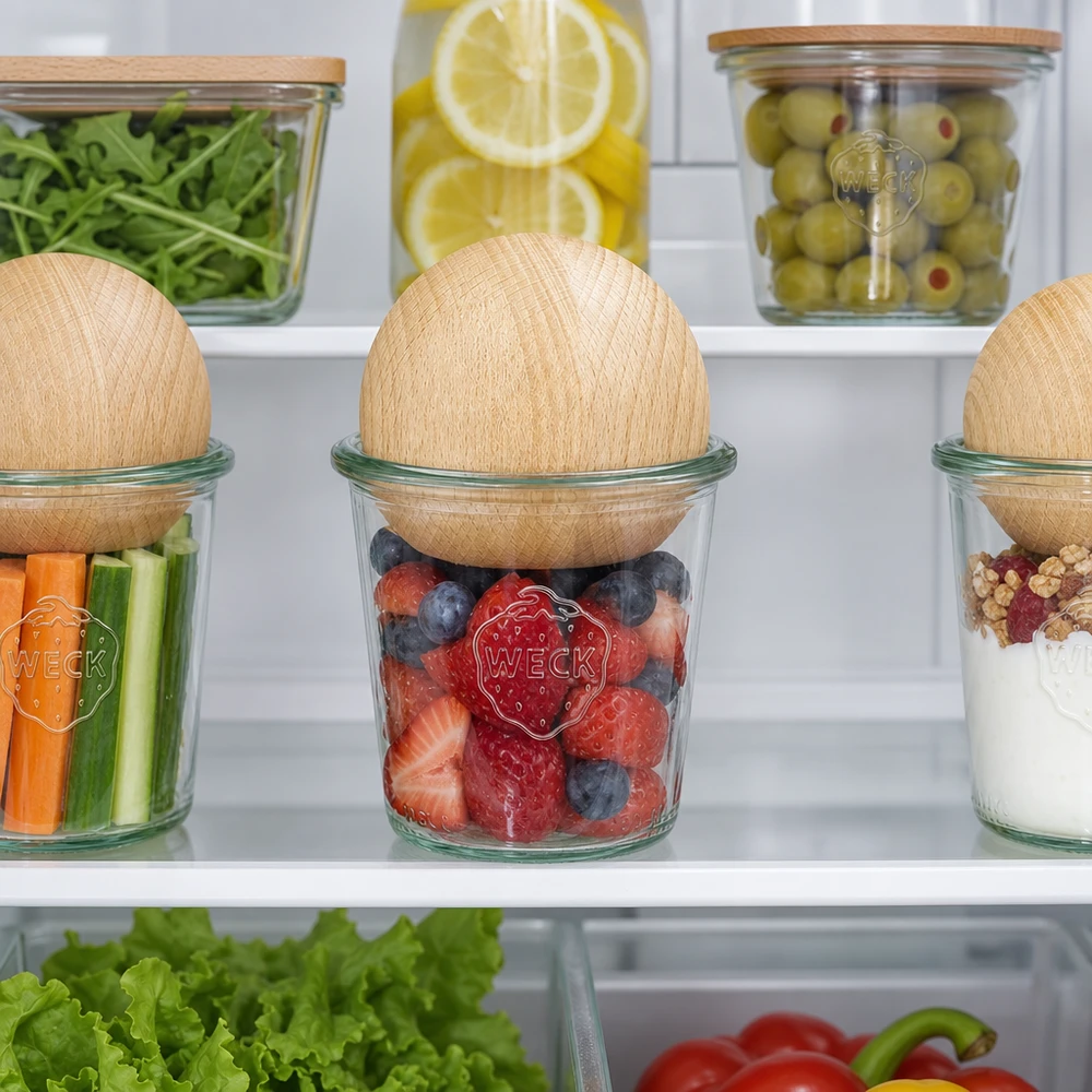 290ml bocal conique haut WECK RR80 avec boule en bois en hêtre WECK Pots 290ml RR80 avec billes en hêtre dans le réfrigérateur pour la conservation alimentaire de baies et de légumes