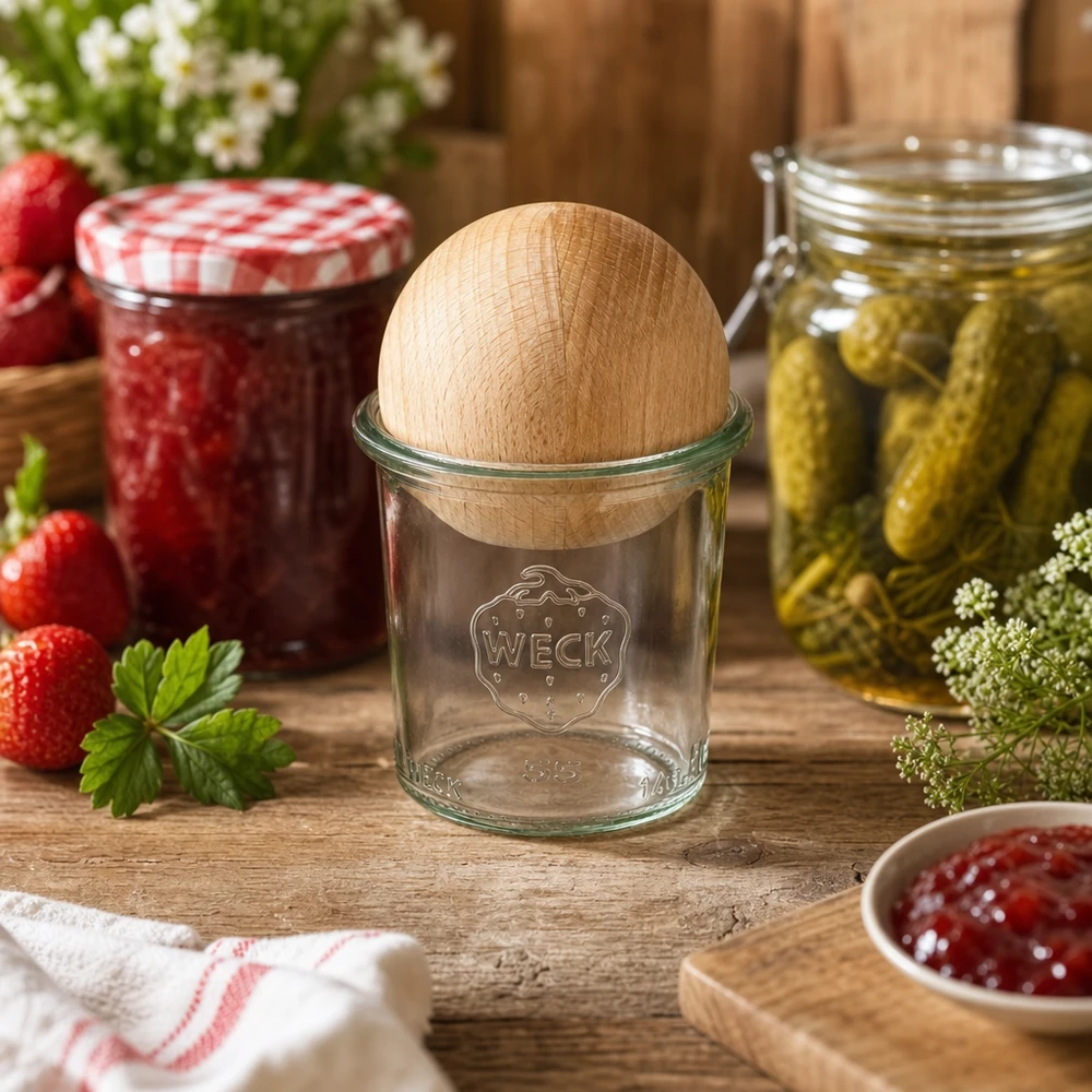 WECK Pot 140ml RR60 dans une cuisine rustique avec confiture et cornichons marinés, couvercle en bois de hêtre visible