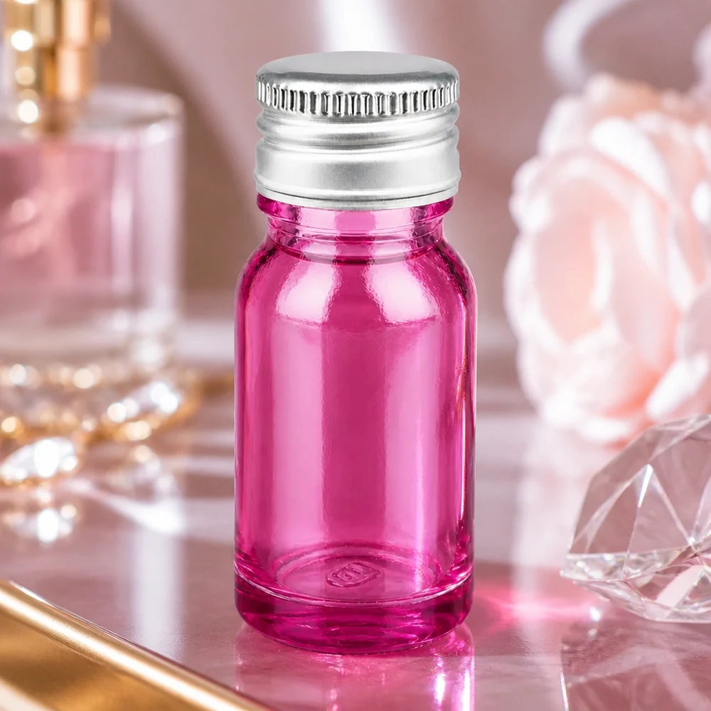 Elégant flacon de 10ml à l'aspect pourpre avec bouchon à vis brillant en aluminium-argent UT18/10 Standard