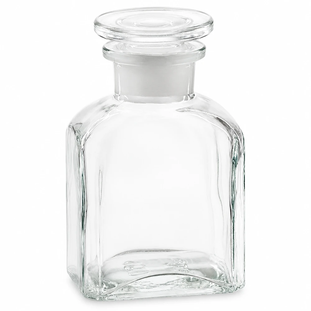 Flacon carré col large 150 ml + bouchon RIN, verre clair Bouteille carrée en verre vide de 150 ml, transparente, avec bouchon en verre taillé et goulot large