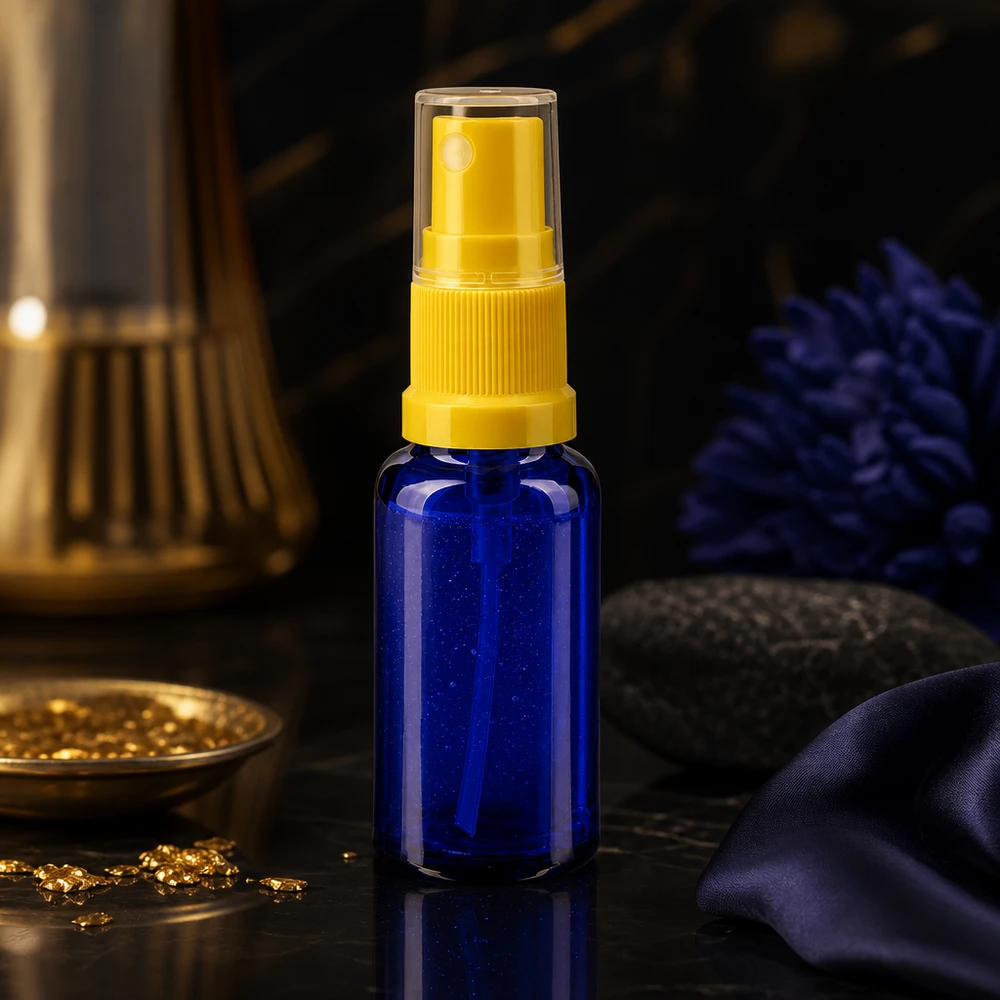 Flacon pulvérisateur compact en verre de 20 ml, bleu avec pompe jaune, destiné aux secteurs cosmétique et pharmaceutique