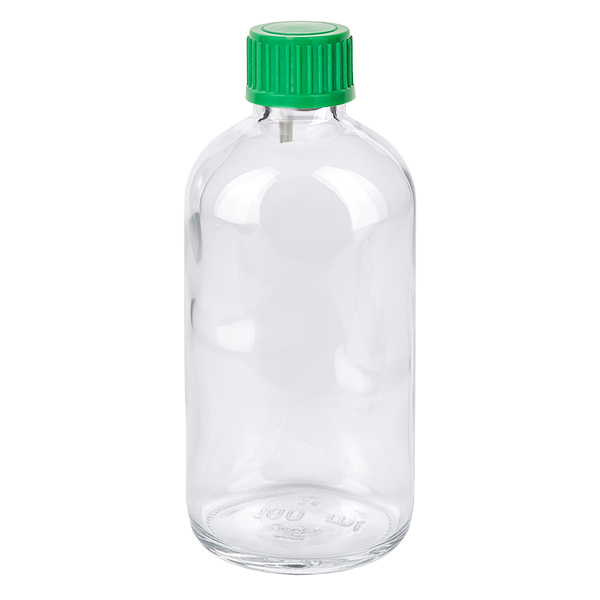 100ml Fl. goutte 0.8mm vert STD ClearLine UT18/100 Flacon compte-gouttes de 100 ml en verre transparent avec bouchon à vis vert ClearLine UT18