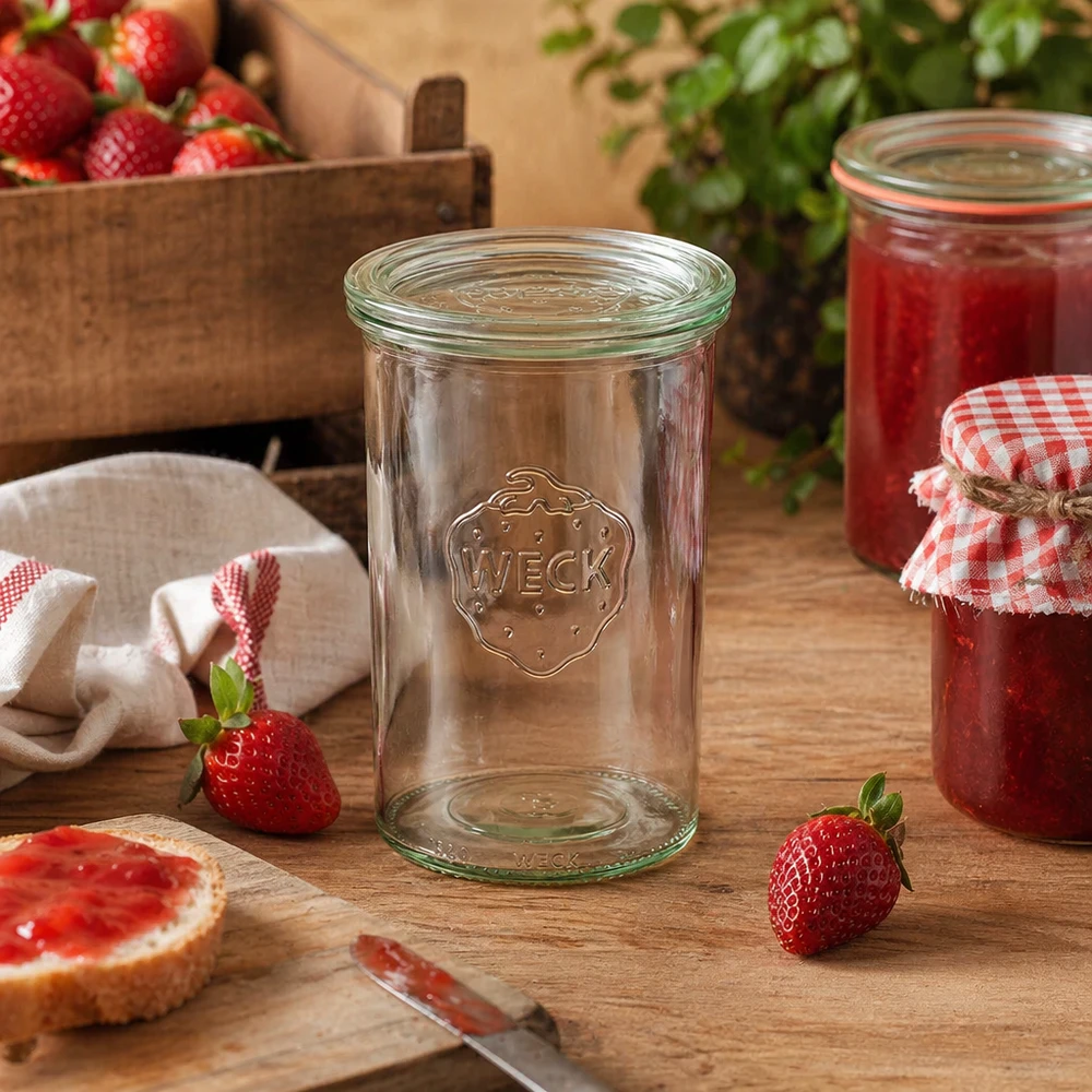 WECK Pot renversé RR100 1000ml dans une cuisine rustique avec des fraises et de la confiture faite maison arrangée de manière décorative