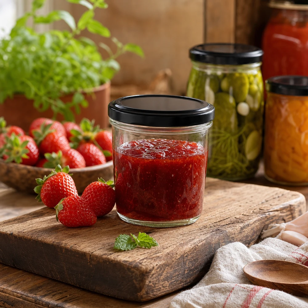 230ml Verre conique avec couvercle BasicSeal noir UNiTWIST Pot de 230 ml contenant de la confiture de fraise sur une planche en bois montre l'utilisation pratique du couvercle BasicSeal dans la cuisine.