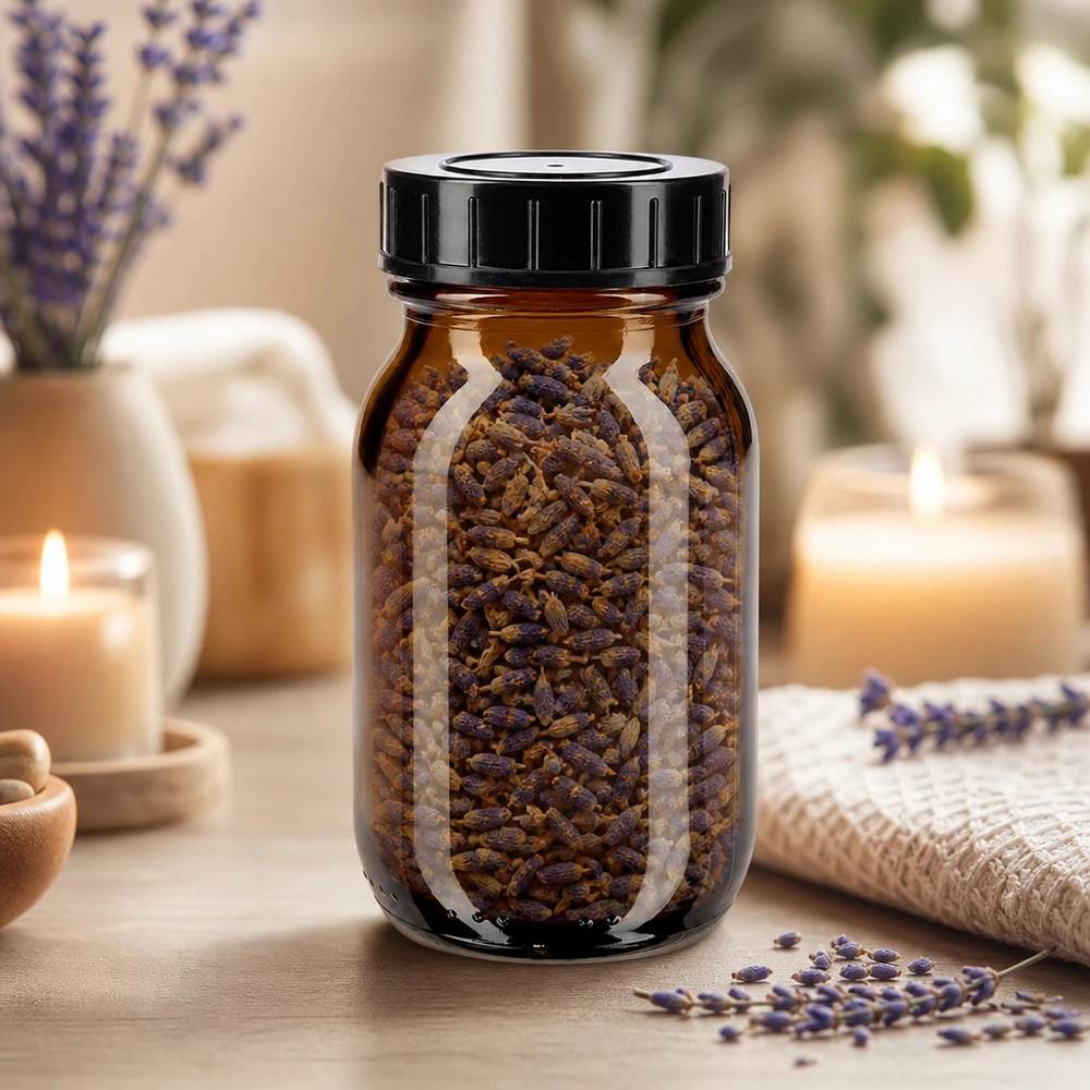 Bouteille à col large 100ml en verre ambré avec bouchon noir pour un stockage étanche aux arômes