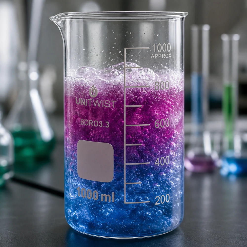 Installation de laboratoire avec un bécher UNITWIST en borosilicate de 1 000 ml et des fioles Erlenmeyer colorées à l'arrière-plan