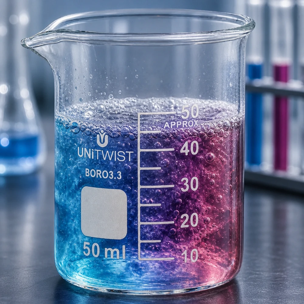 Bécher 50ml borosilicate, forme basse UNiTWIST UNiTWIST BORO 3.3 : bécher en verre de 50 ml permettant une réaction chimique active en milieu de laboratoire professionnel
