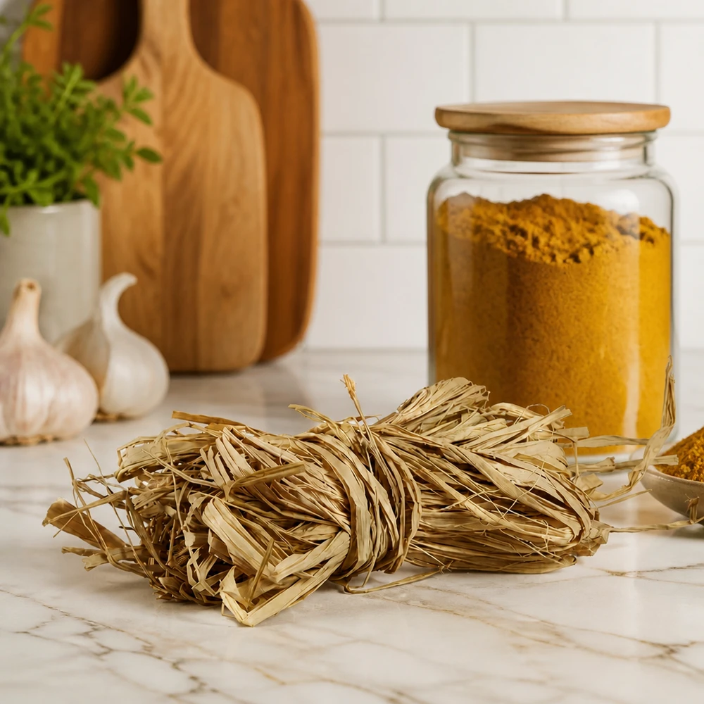 Ficelle naturelle pour la décoration, 30 g Raphia naturel 30g beige doré sur plan de travail en marbre avec ustensiles de cuisine montre fibres décoratives naturelles pour la maison