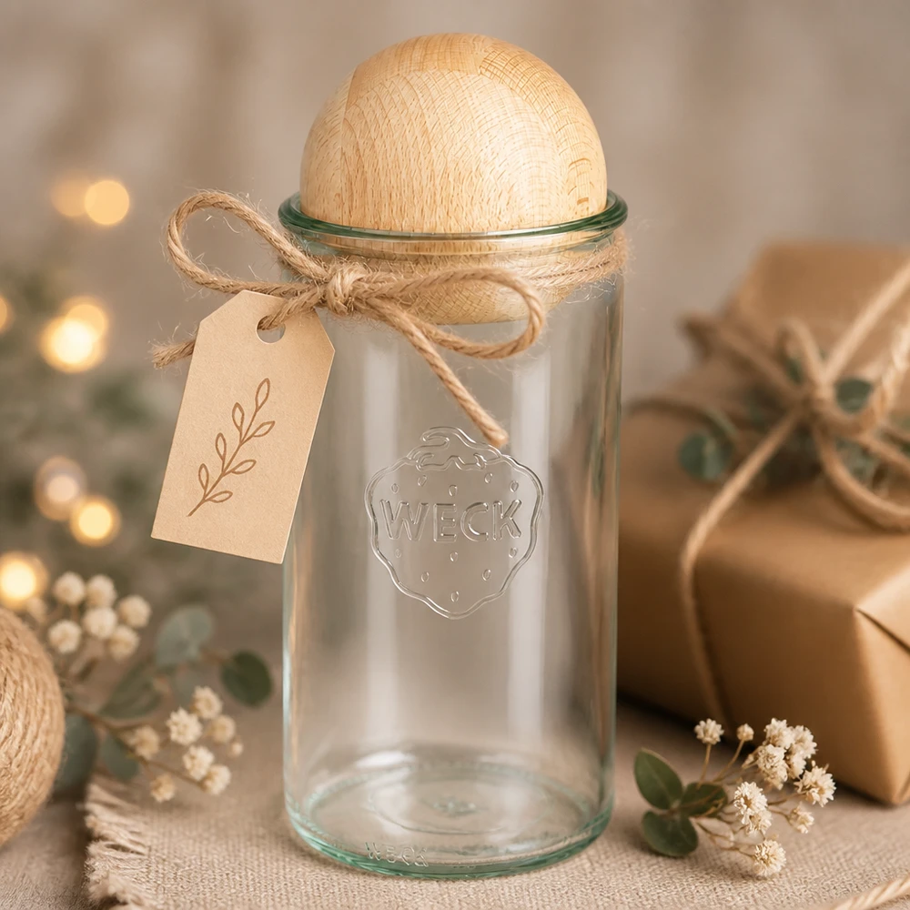 1590ml bocal cylindrique WECK RR100 avec boule en bois en hêtre WECK Pot de conserve 1590ml RR100 avec boule en bois de hêtre comme idée de cadeau avec pendentif dans une ambiance déco chaleureuse