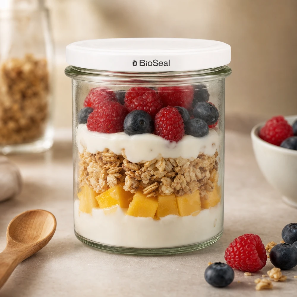 350ml Verre conique avec couvercle BioSeal blanc UNiTWIST UNiTWIST Sturz350 als stylisches Dessertglas mit Beeren Granola und Joghurt zeigt moderne Küchenästhetik TO82 BioSeal