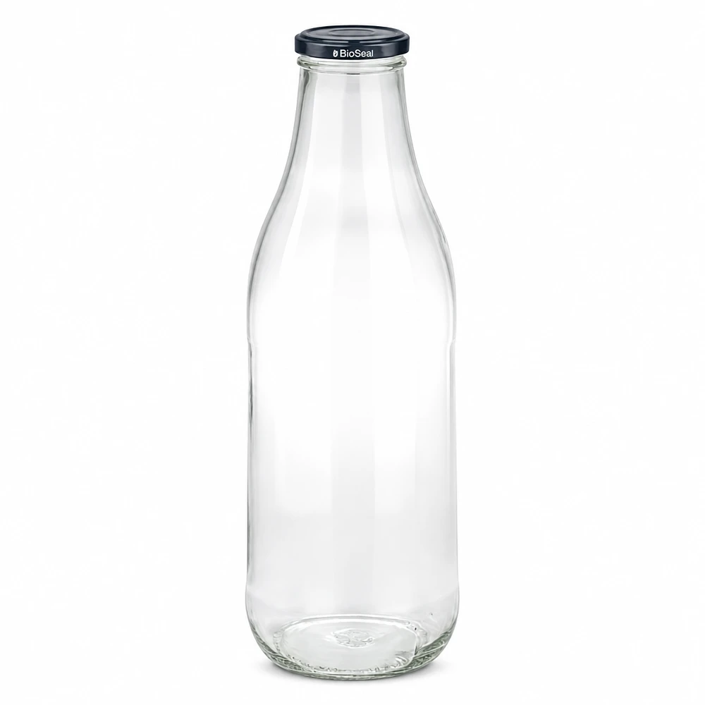 1000ml Bouteille avec couvercle BioSeal noir UNiTWIST Bouteille en verre 1000ml avec couvercle noir BioSeal vide transparent Bouteille de lait Bouteille de jus durable