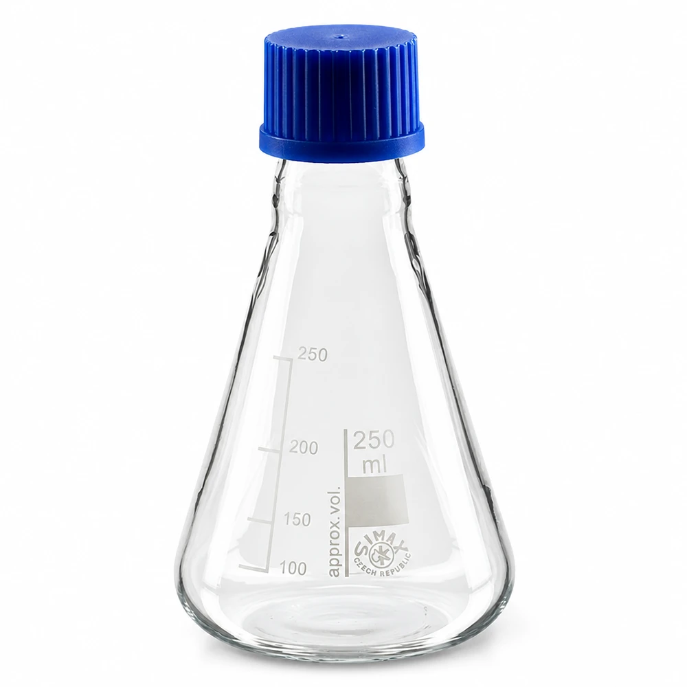 Erlenmeyer 250 ml col étroit, verre borosilicate avec filetage et bouchon Fiole jaugée 250ml avec bouchon bleu idéale pour les expériences et analyses chimiques