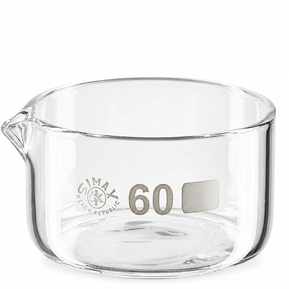 Coupelle de cristallisation 60 ml avec bec verseur Coupelle en verre de laboratoire de 60 ml, ø 60 mm, coupelle de cristallisation plate avec bec verseur, en verre borosilicaté transparent