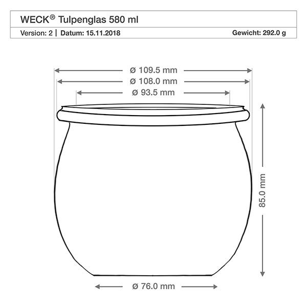 12 pcs. bocaux Weck 580ml tulipes 1/2L avec 12 couvercles en verre Dessin technique WECK Pot tulipe 580ml RR100 avec cotes et dimensions pour couvercle boule en bois