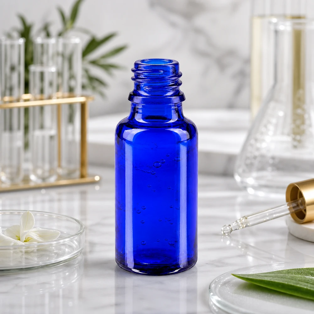 Flacon avec compte-gouttes 20 ml DIN18 - verre bleu Flacon bleu ApoGlas de 20 ml à large ouverture pour faciliter le remplissage et le nettoyage