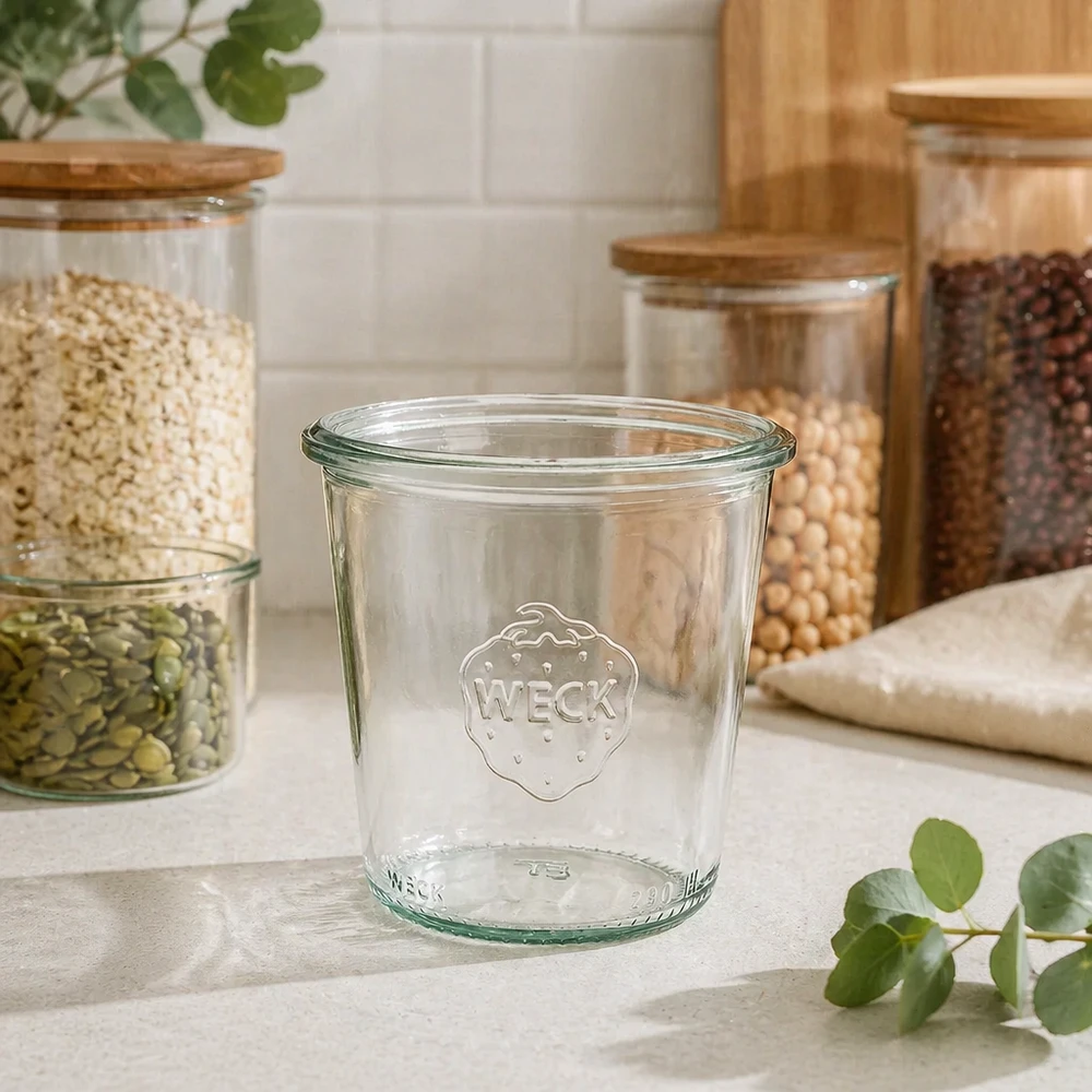 290ml WECK Verre renversé RR80 haut en verre pour la cuisine Conservation des conserves sur un plan de travail blanc avec des bocaux de réserve