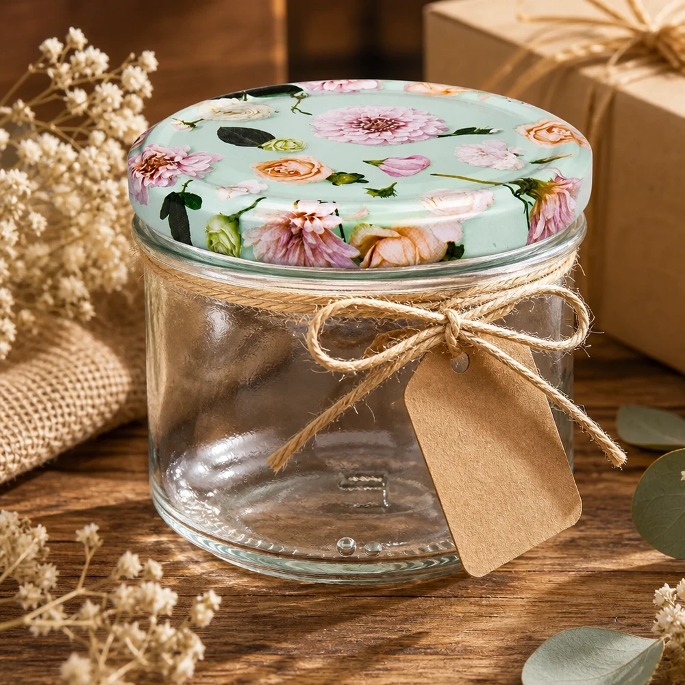Pot cylindrique de 230 ml + couvercle BasicSeal en forme de fleur de menthe Bocal cylindrique vide de 230ml avec couvercle BasicSeal fleur menthe comme idée cadeau - Bocal à provisions décoré avec une boucle de jute