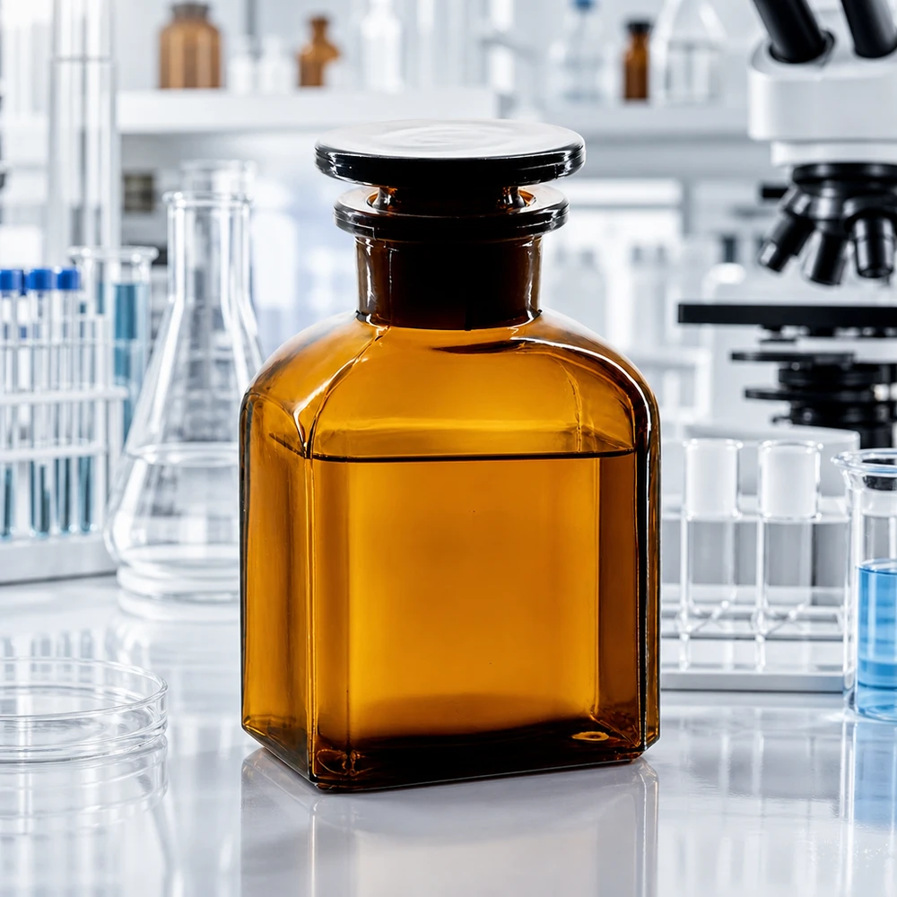 Flacon carré col large 150 ml + bouchon RIN, verre ambré Flacon de laboratoire carré de couleur ambrée, d'une contenance de 150 ml, muni d'un bouchon plat, de taille intermédiaire entre celle d'un flacon Erlenmeyer et celle d'un tube à essai