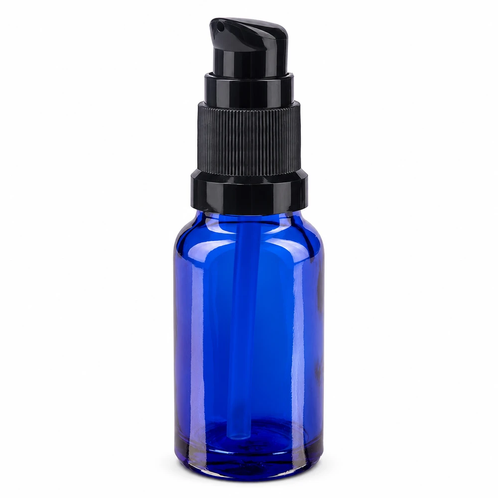 Petit flacon-pompe bleu de 10 ml avec bouchon doseur noir en verre borosilicaté