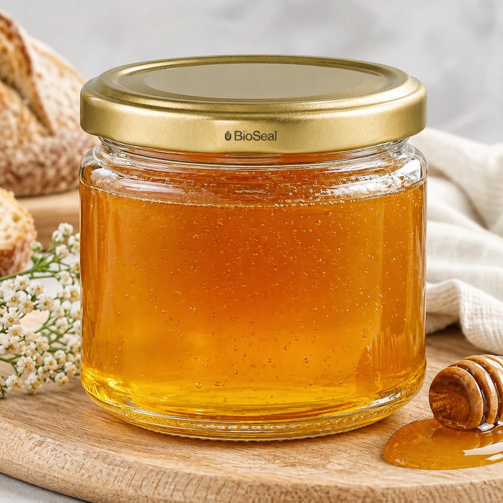UniTWIST Runda330 Pot de miel rempli de miel doré et bouchon BioSeal pour l'apiculture et l'alimentaire