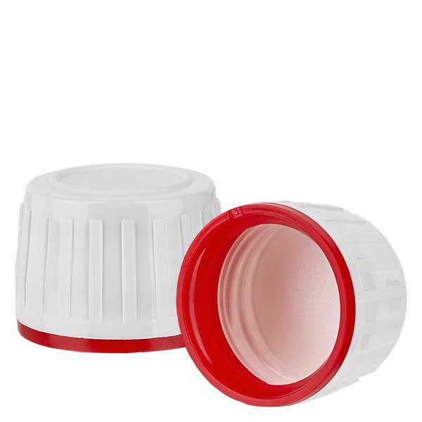 Bouchon à vis blanc pr flacons méd PET + bague d'inviolabilité rouge