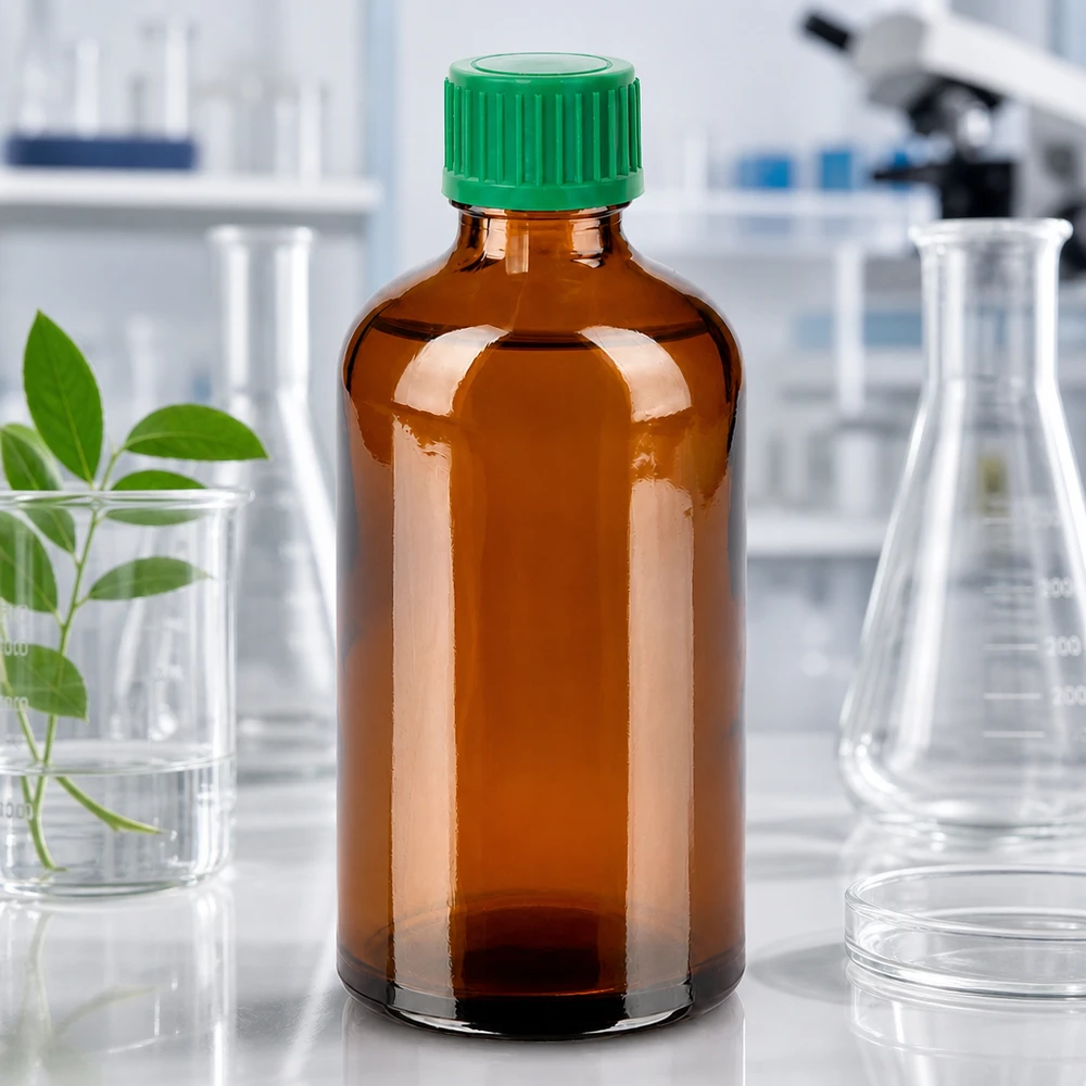 Flacon 100ml 11mm SV vert OV BrownLine UT18/100 Bouteille médicale en verre brun de 100ml avec bouchon vert de 11mm pour solutions stériles