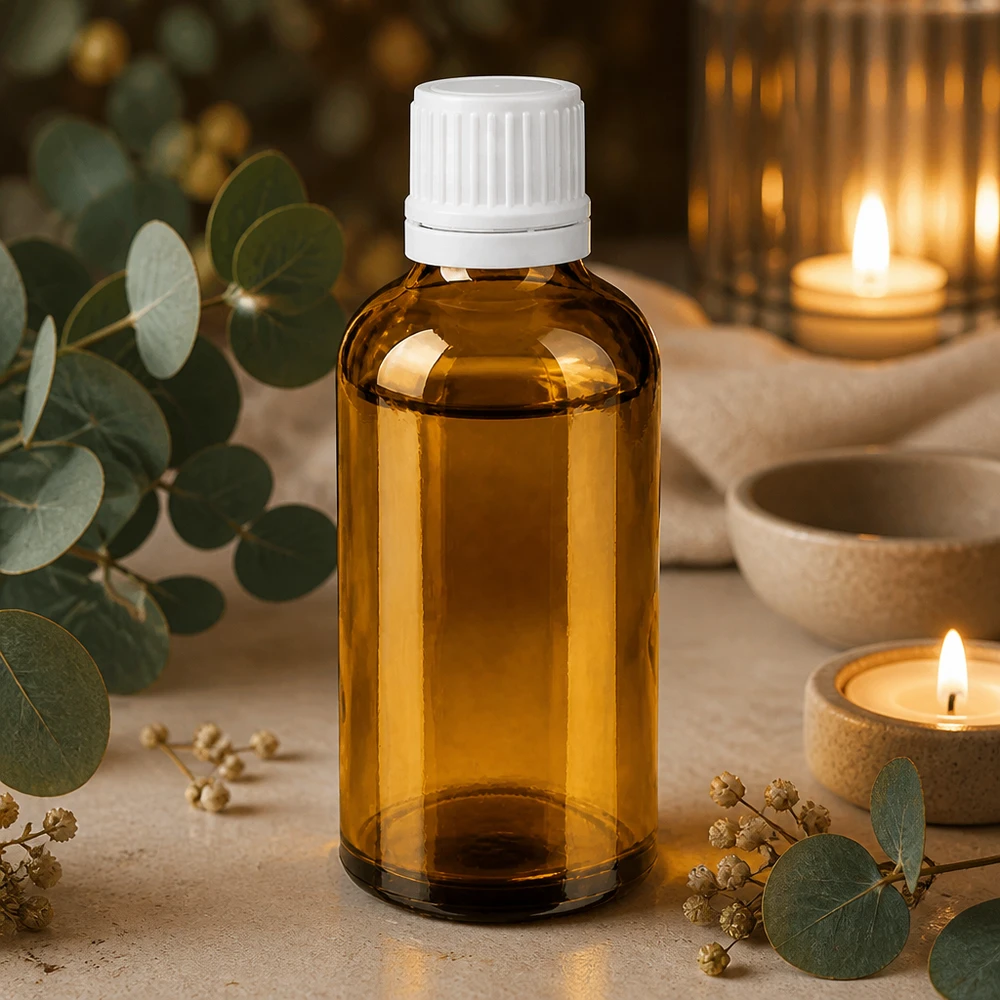 Bouteille de pharmacie brune 50ml bouchon vissable blanc bouchon inviolabilité Flacon en verre brun de 50 ml avec bouchon de sécurité blanc pour huiles essentielles