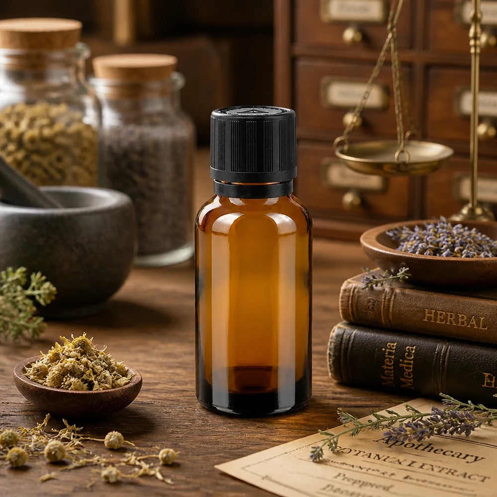 Flacon en verre de 20 ml, couleur ambre, avec son bouchon d'origine, à côté d'ouvrages de materia medica