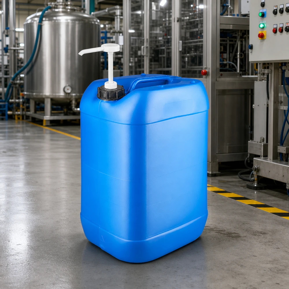 Bidon en plastique robuste de 25 litres muni d'une pompe, posé sur le sol en béton d'un hangar industriel