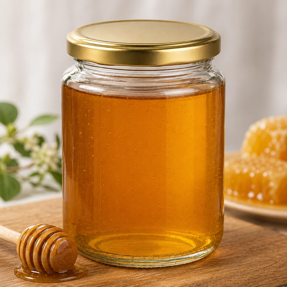 Pot à miel 450 g avec couvercle doré BasicSeal UNiTWIST 450g BasicSeal pot de miel avec couvercle doré rempli de miel liquide cuillère à miel en bois rayon apiculture produit naturel