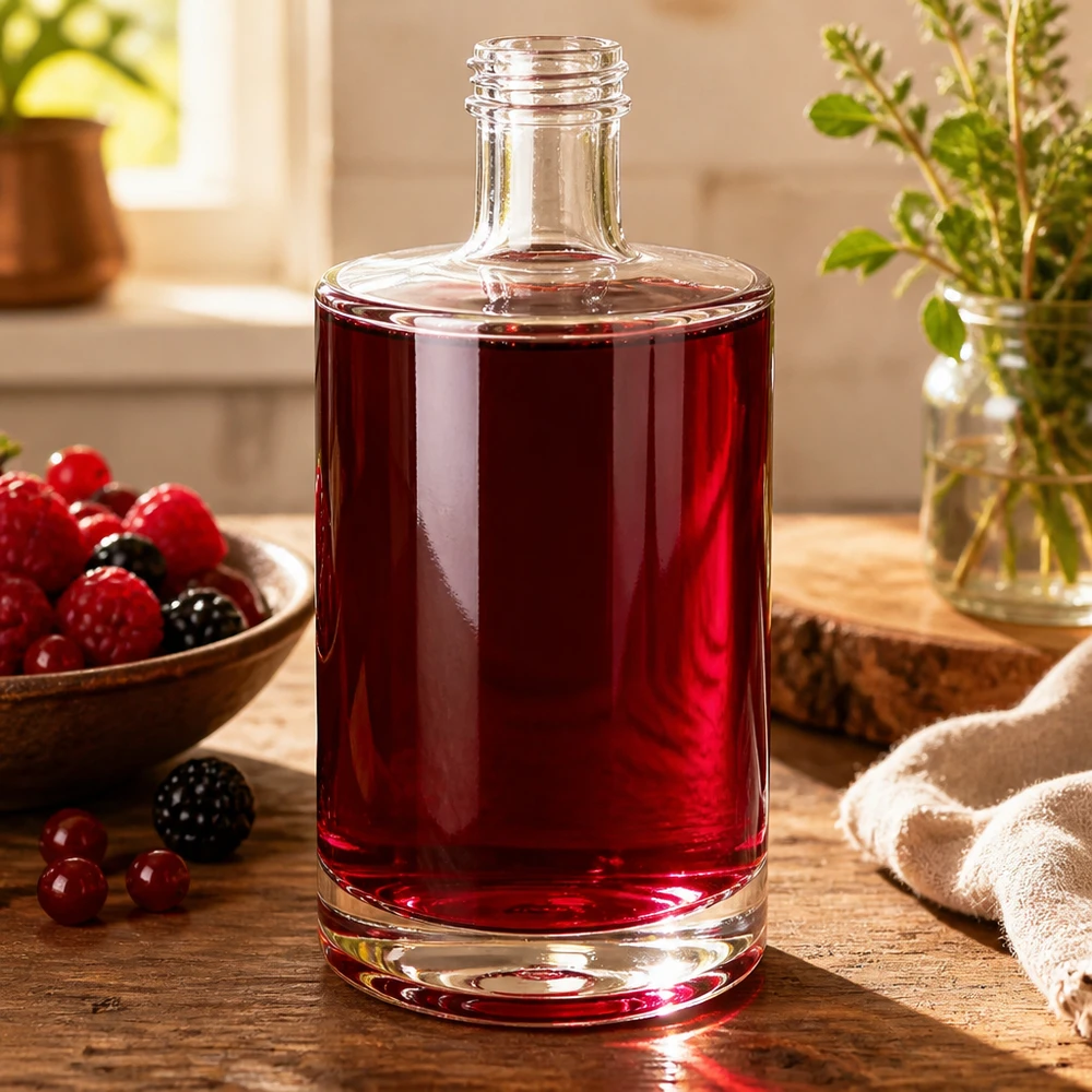 Bouteille en verre 500 ml « Sam » sans bouchon à vis UNiTWIST® Bouteille en verre Sam de 500 ml remplie de jus de baies rouges Décoration table en bois Baies Herbes aromatiques ambiance naturelle