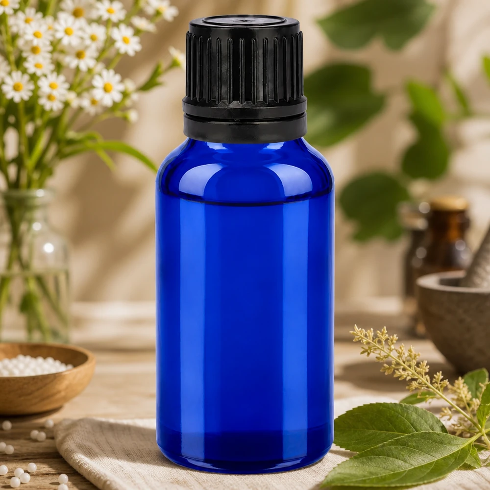 Flacon 20ml 11mm SV noir OV BlueLine UT18/20 Flacon de pharmacie de 20 ml en verre bleu anti-UV avec bouchon noir de sécurité pour les enfants