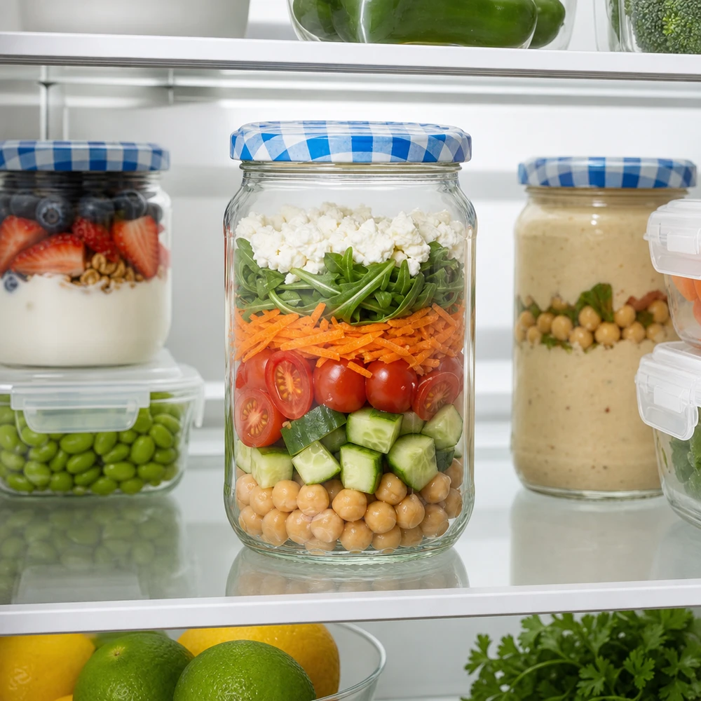 Bocal rond de 1062ml rempli de salade à stratifier dans le réfrigérateur, solution pratique de Meal Prep avec couvercle BasicSeal