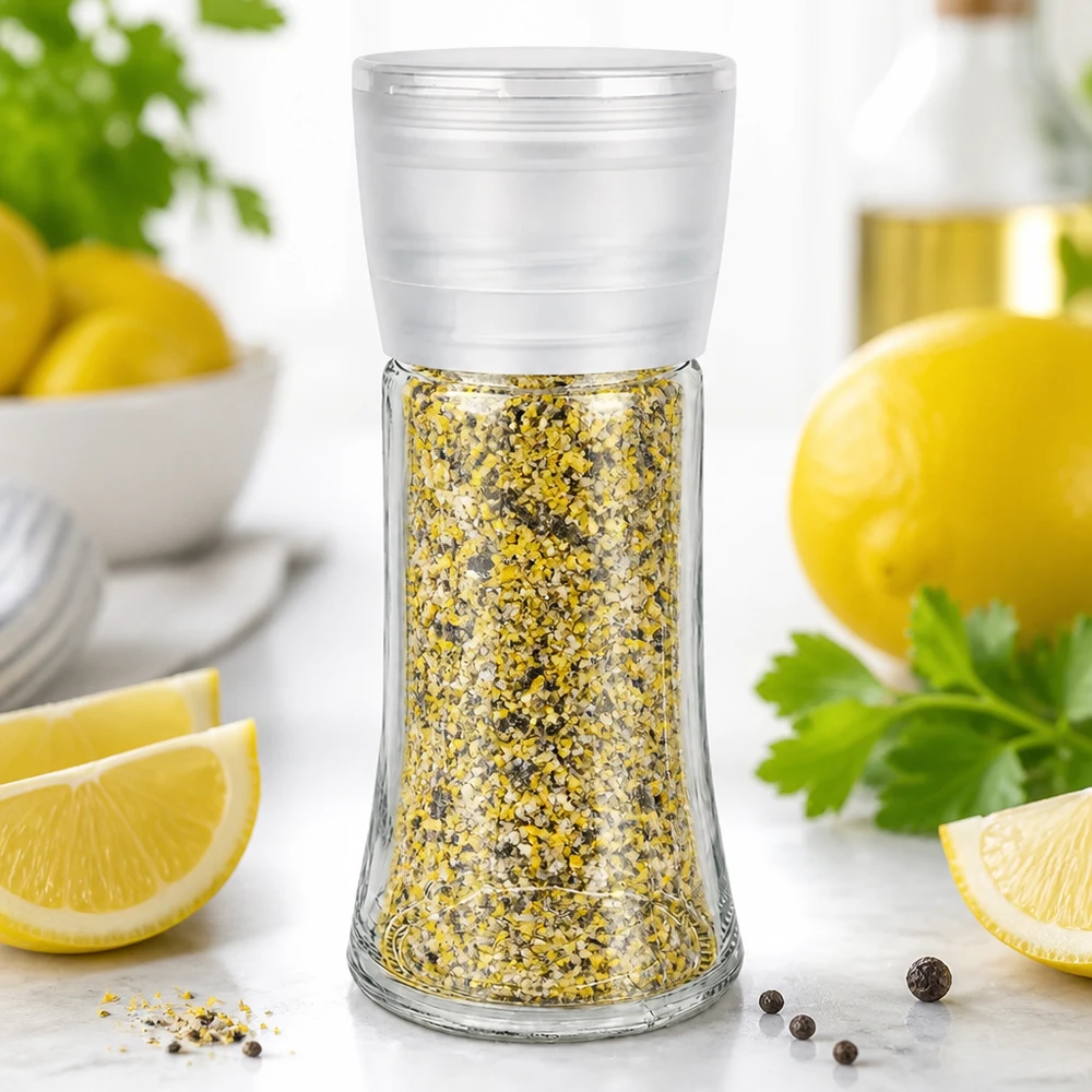 Pot à épices au poivre citronné de 95 ml avec moulin blanc Vario, accompagné de rondelles de citron frais