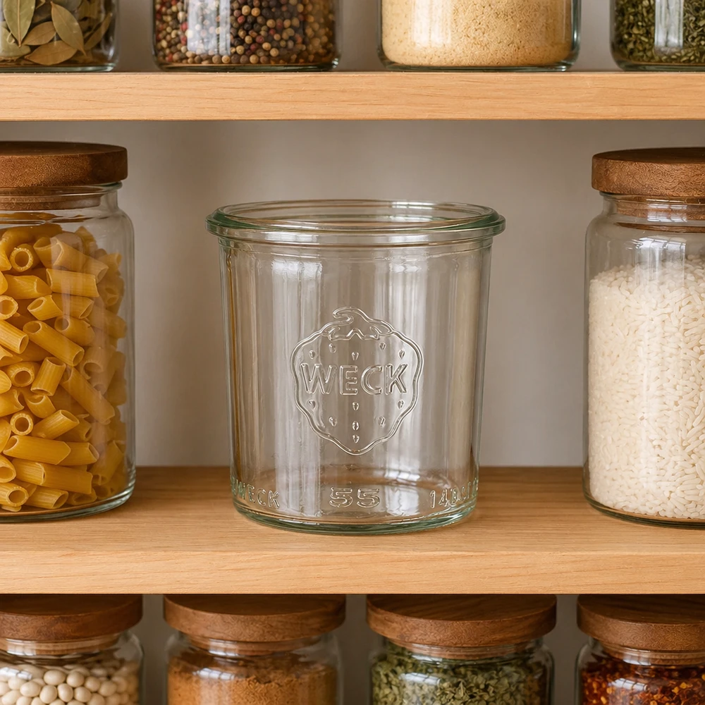 WECK Verre renversé 140ml RR60 vide sur l'étagère de la cuisine entre les bocaux à provisions remplis de pâtes et de riz