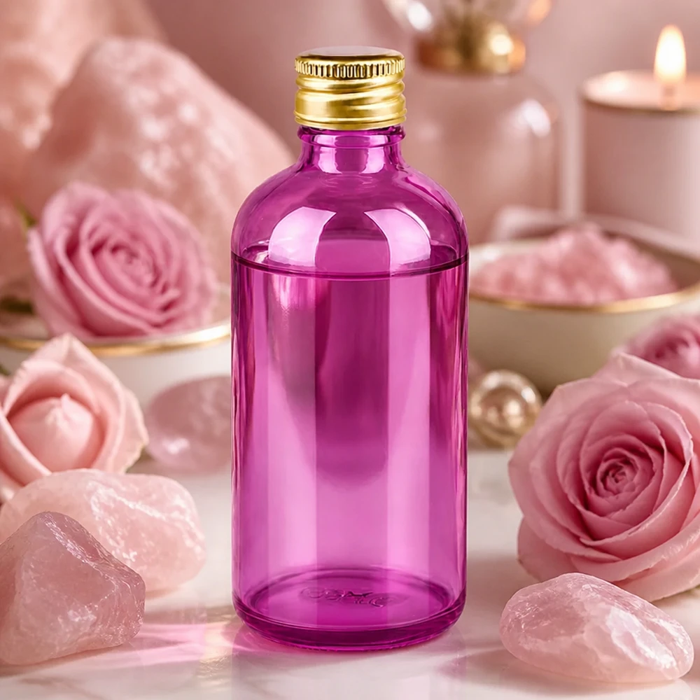 Bouteille élégante de 100 ml en verre pourpre avec bouchon en aluminium mat pour les cosmétiques naturels