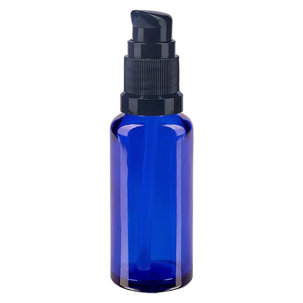 Flacon de pharmacie bleu 30ml bouchon pompe noir Std
