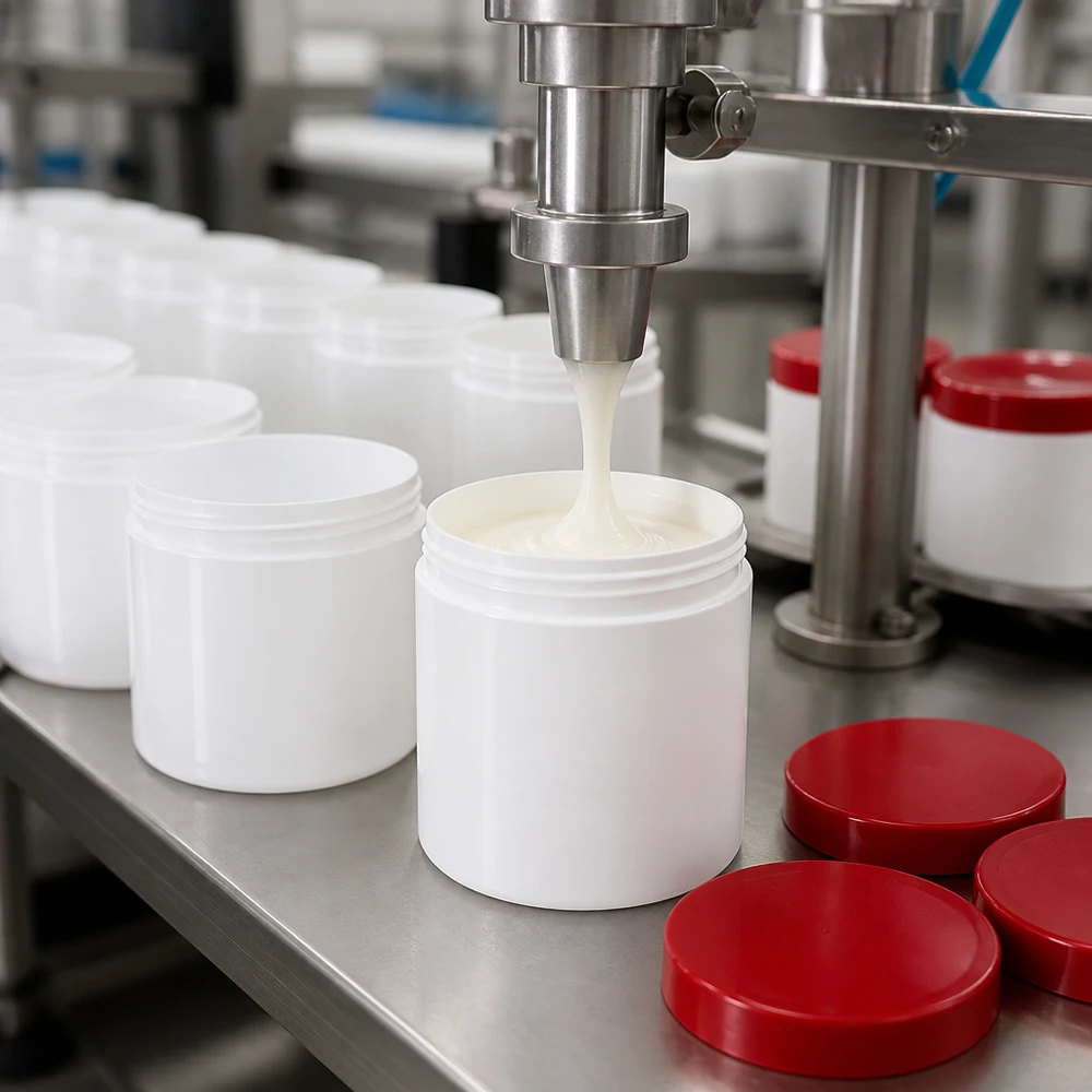 Pot à onguent blanc 30 g avec couvercle rouge (PP) Conditionnement pharmaceutique d'une pommade dans des pots en plastique blancs munis de couvercles rouges