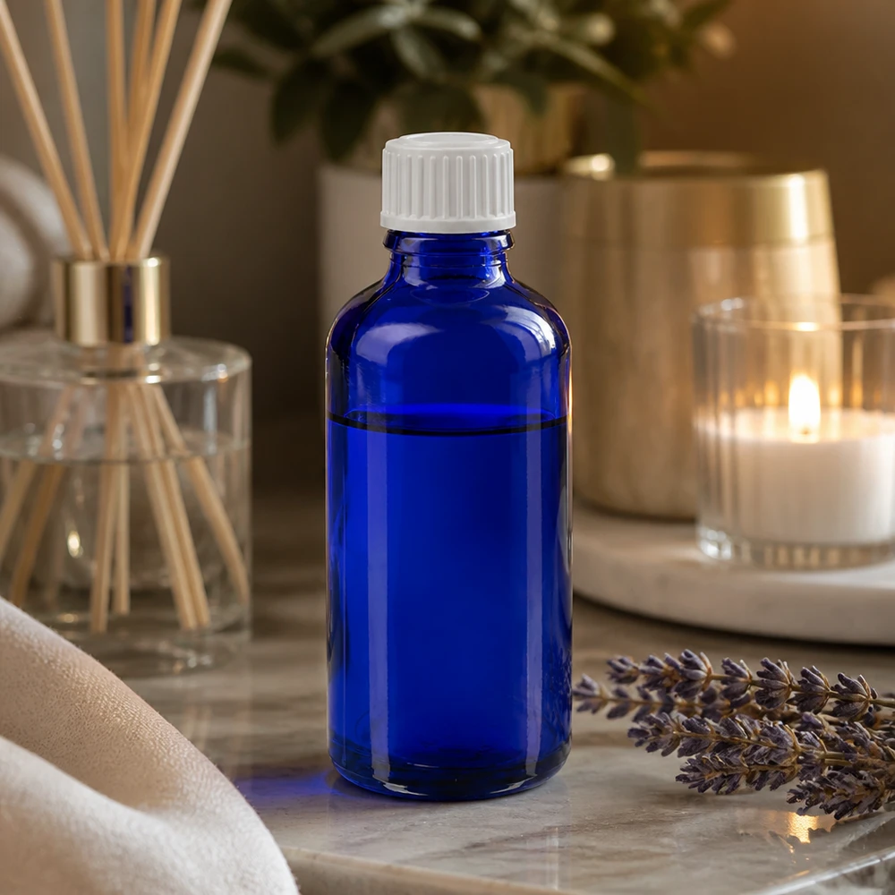 Flacon à pharmacie bleu 50ml bouchon compte-gouttes blanc 0.8mm std Flacon élancé bleu cobalt de 50 ml avec bouchon à vis blanc, pour huiles essentielles et teintures