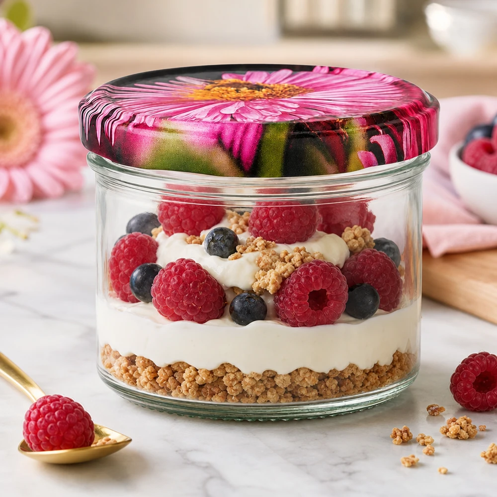 230ml Verre cylindrique vec couvercle BasicSeal decor floral UNiTWIST Verre cylindrique 230ml BasicSeal Couvercle à fleurs rose Gerbera Verre à dessert Yaourt Baies Granola Dessert en couches Cuisine