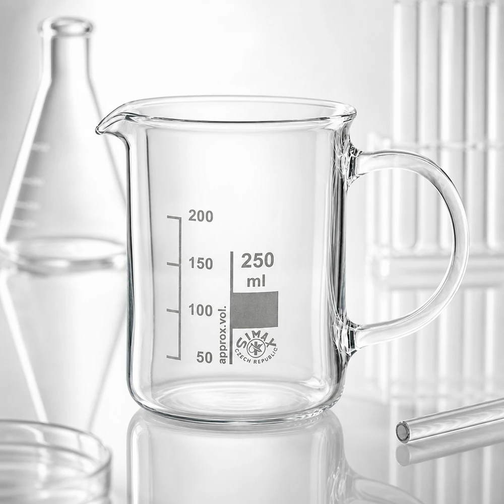 Bécher avec poignée 250ml en verre borosilicate résistant à la chaleur (forme normale) Verre à bec cylindrique de 250 ml avec anse et bec verseur, à la surface réfléchissante